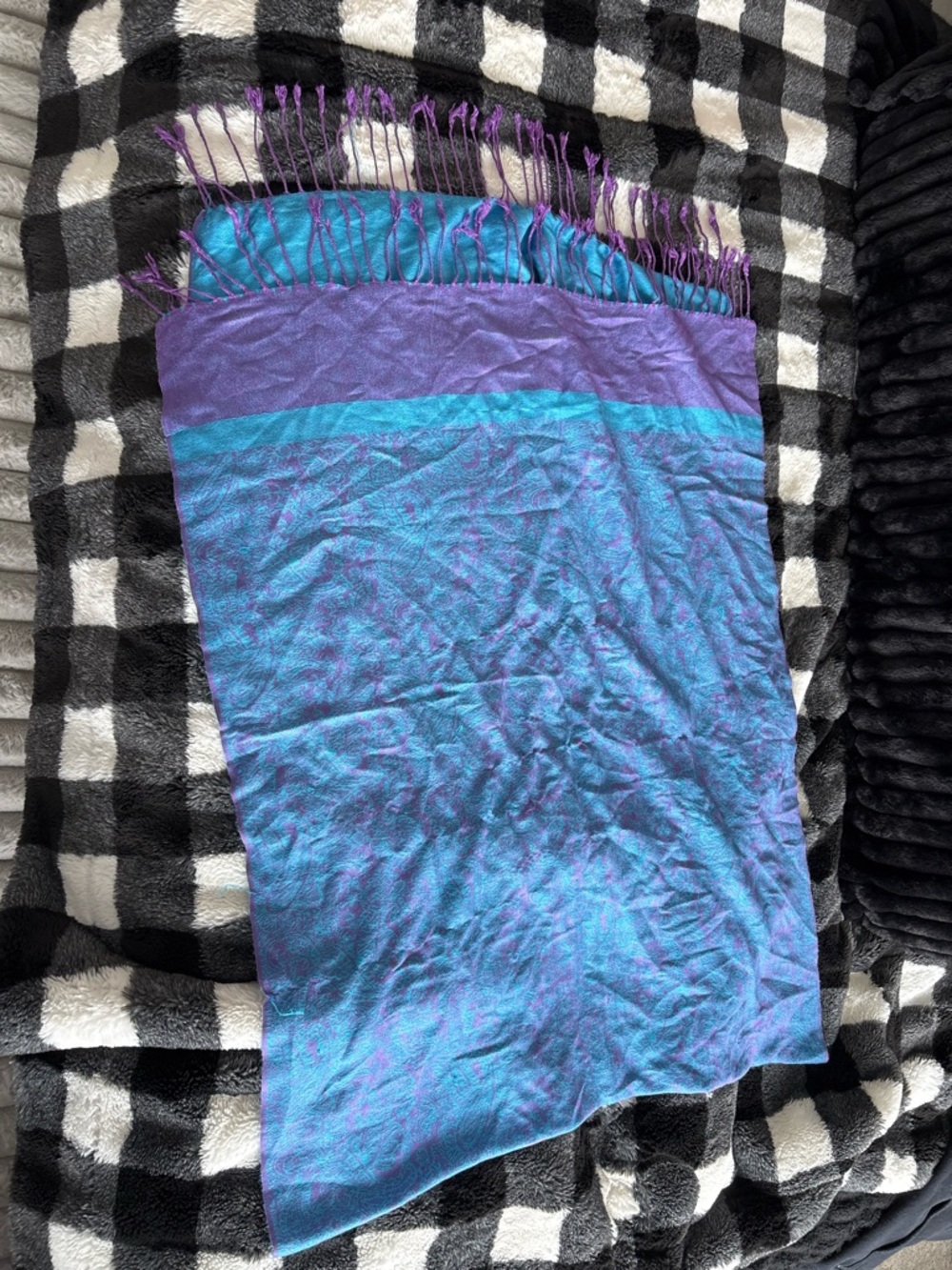 pashmina Purple and Turquoise Blue Woven Fringe Scarf